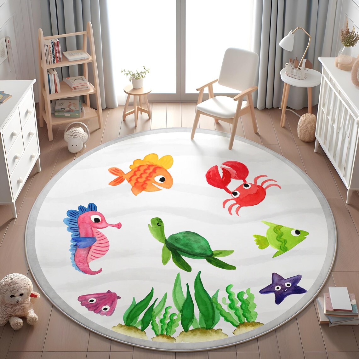 Baby Nursery Home - Tapete Redondo de Aquarela com Cavalo-Marinho,