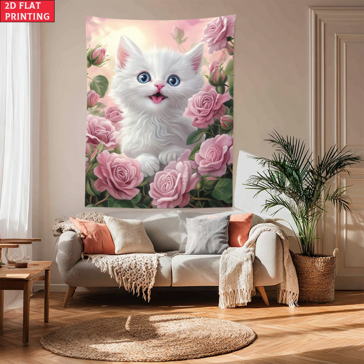 Baby Nursery Colors - Bonito gatinho branco rosa jardim tapeçaria
