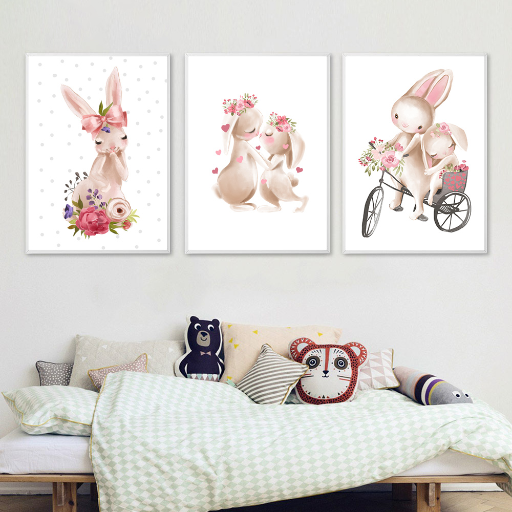 Baby Nursery Pink - Estampa de coelho, pôster de flor